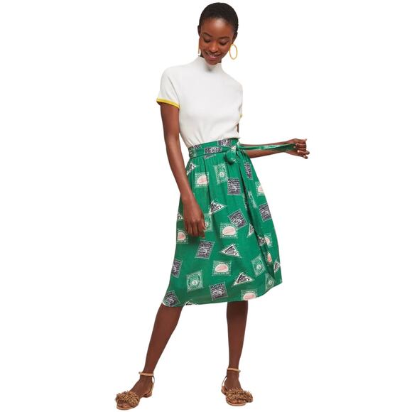 Anthropologie Porridge Getaway Skirt Green Large Novelty Travel Boho Artsy - Picture 4 of 10